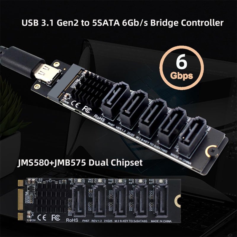 Cablecc 10Gbps USB-C 5 Ports Type-C to 6Gbps NGFF B+M Key SATA Adapter Converter PM Port Multiplier Selector JMB575 JMS580 - Image 4